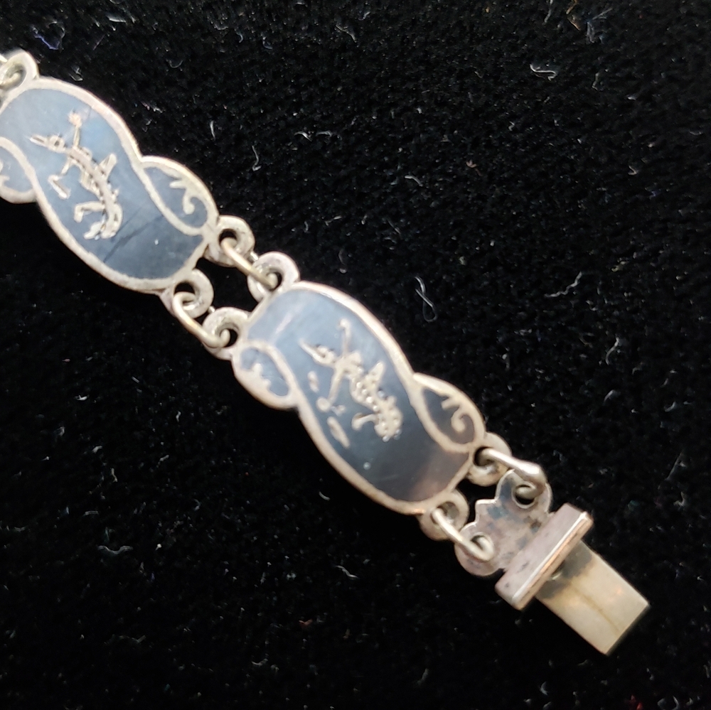 Antique Siam sterling silver & black Niello Bracelet - 7" long